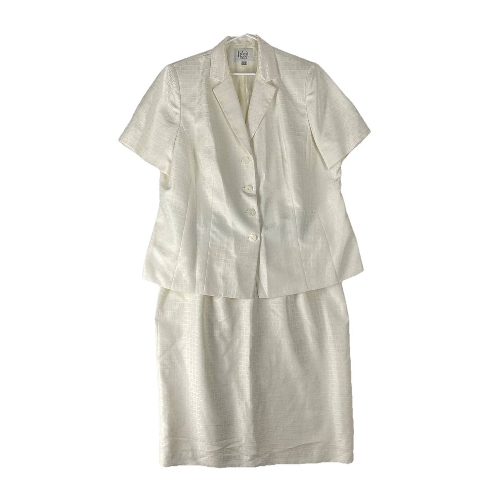 Le Suit Skirt Suit Set Womens 20W Short Sleeve Blazer ‎ Pencil Career White